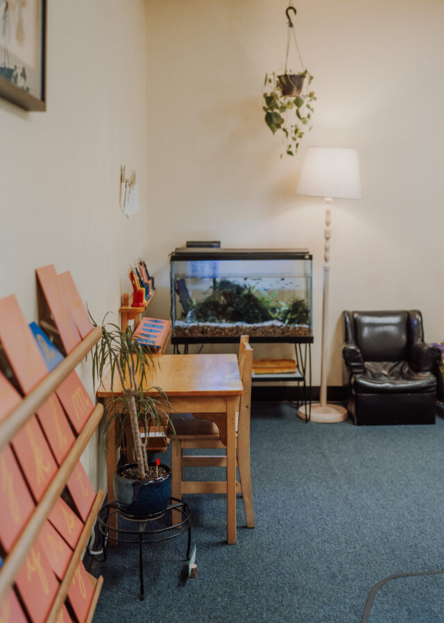 The reading corner and aquarium in the Primary classroom