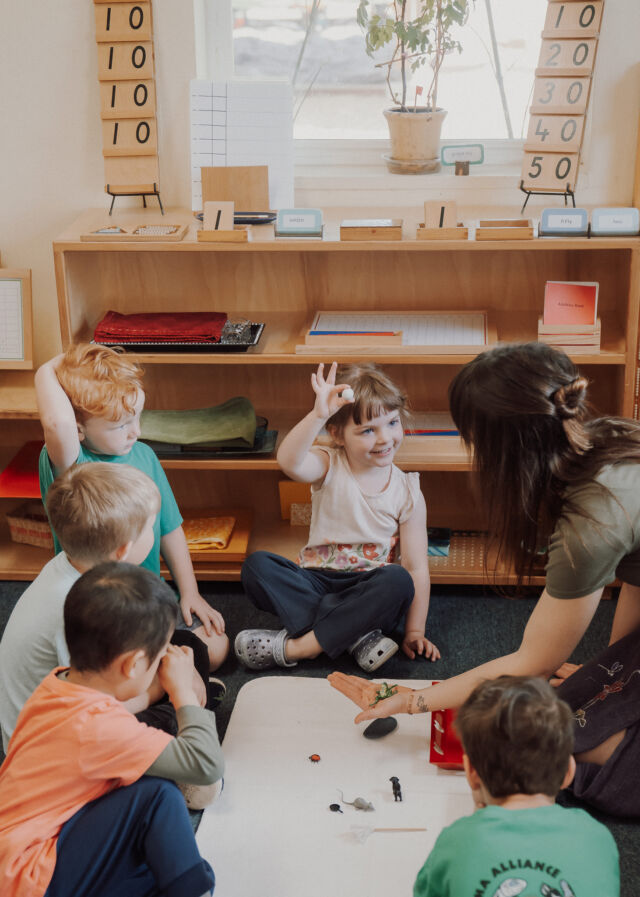 A small-group lesson on the classroom rug