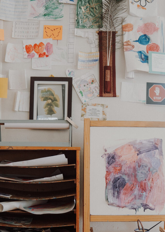 The classroom art wall and easel