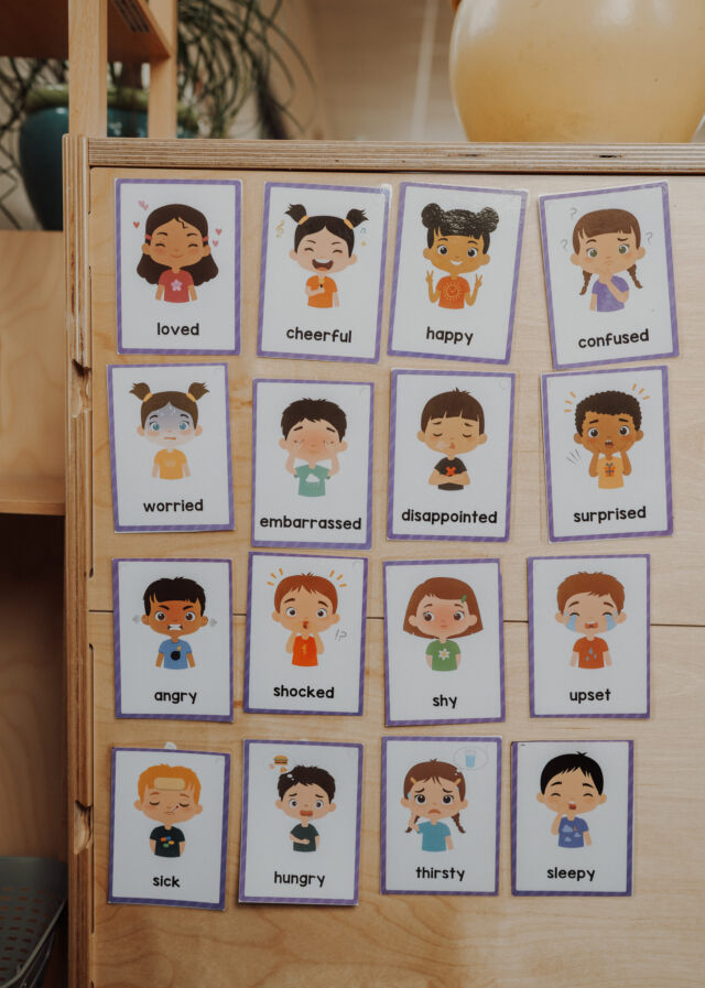 Feelings cards on the classroom board