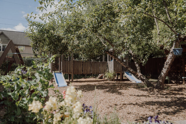 The orchard play yard with its slide